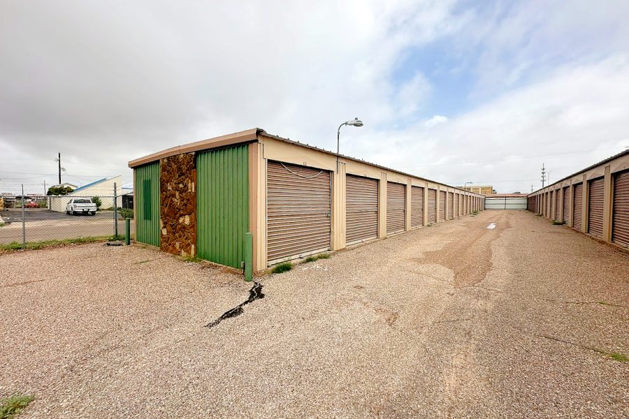 Row of drive-up storage units at Valora Storage